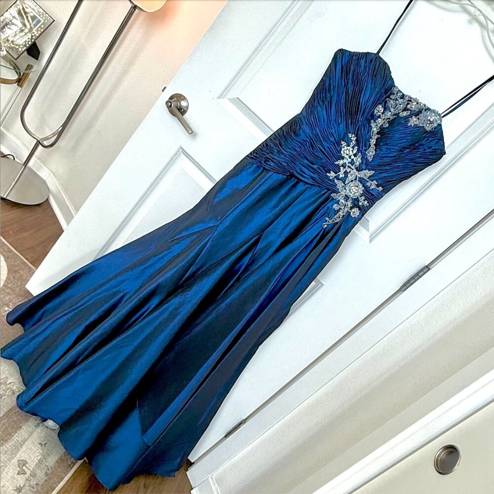 Tony Bowls Navy Blue Iridescent Taffeta Rhinestone Mermaid Corset Gown Like New